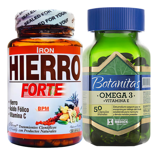 Kit Hierro Forte Ácido Fólico Vitamina C 50 Cápsulas Natural Freshly + Omega 3 Con Vitamina E 50 Cápsulas Marca Botanitas
