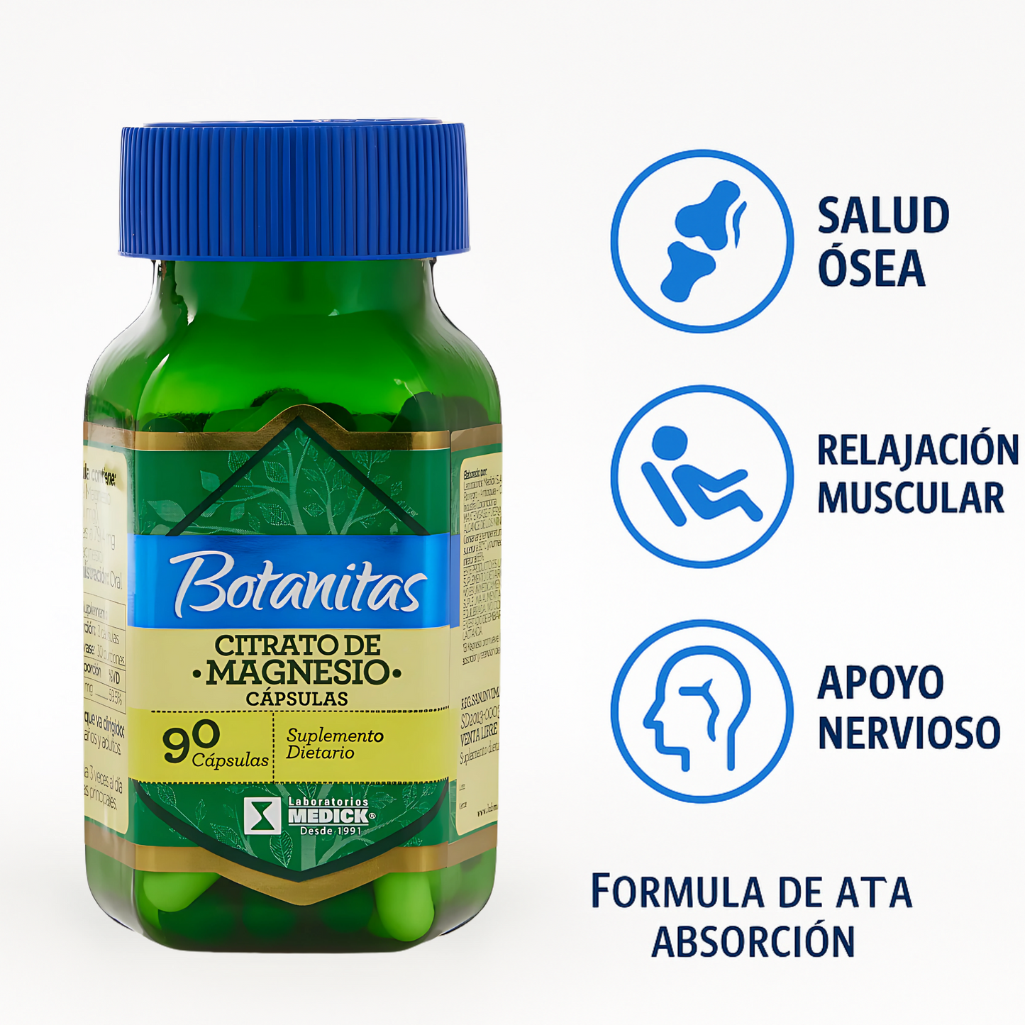 Citrato de Magnesio 490mg Botanitas x2 Frascos (180 Cápsulas) – Energía, Músculos y Estrés