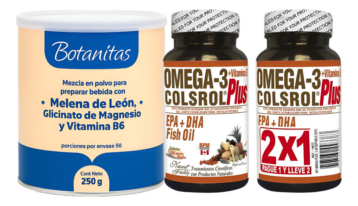 Kit Melena De León Con Glicinato De Magnesio Y B6 250g Botanitas + Omega 3 Colsrol Plus Vitamina E 2x1 Natural Freshly  Memoria, Corazón, Colesterol