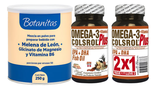 Kit Melena De León Con Glicinato De Magnesio Y B6 250g Botanitas + Omega 3 Colsrol Plus Vitamina E 2x1 Natural Freshly  Memoria, Corazón, Colesterol