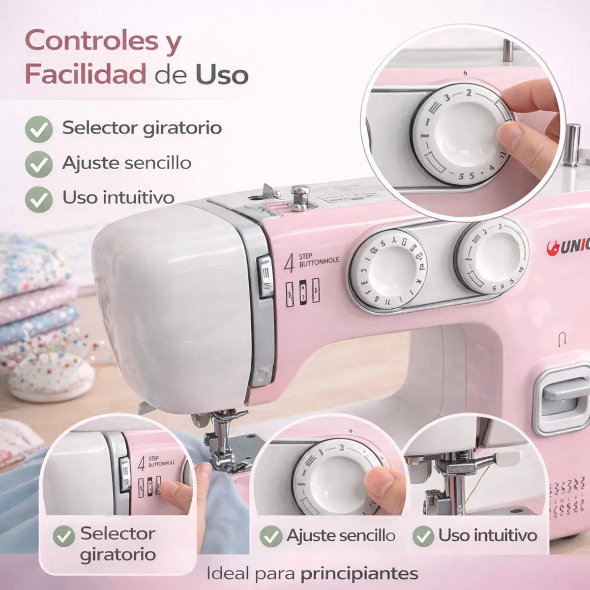 Máquina De Coser Familiar Union Un300 24 Puntadas Rosada