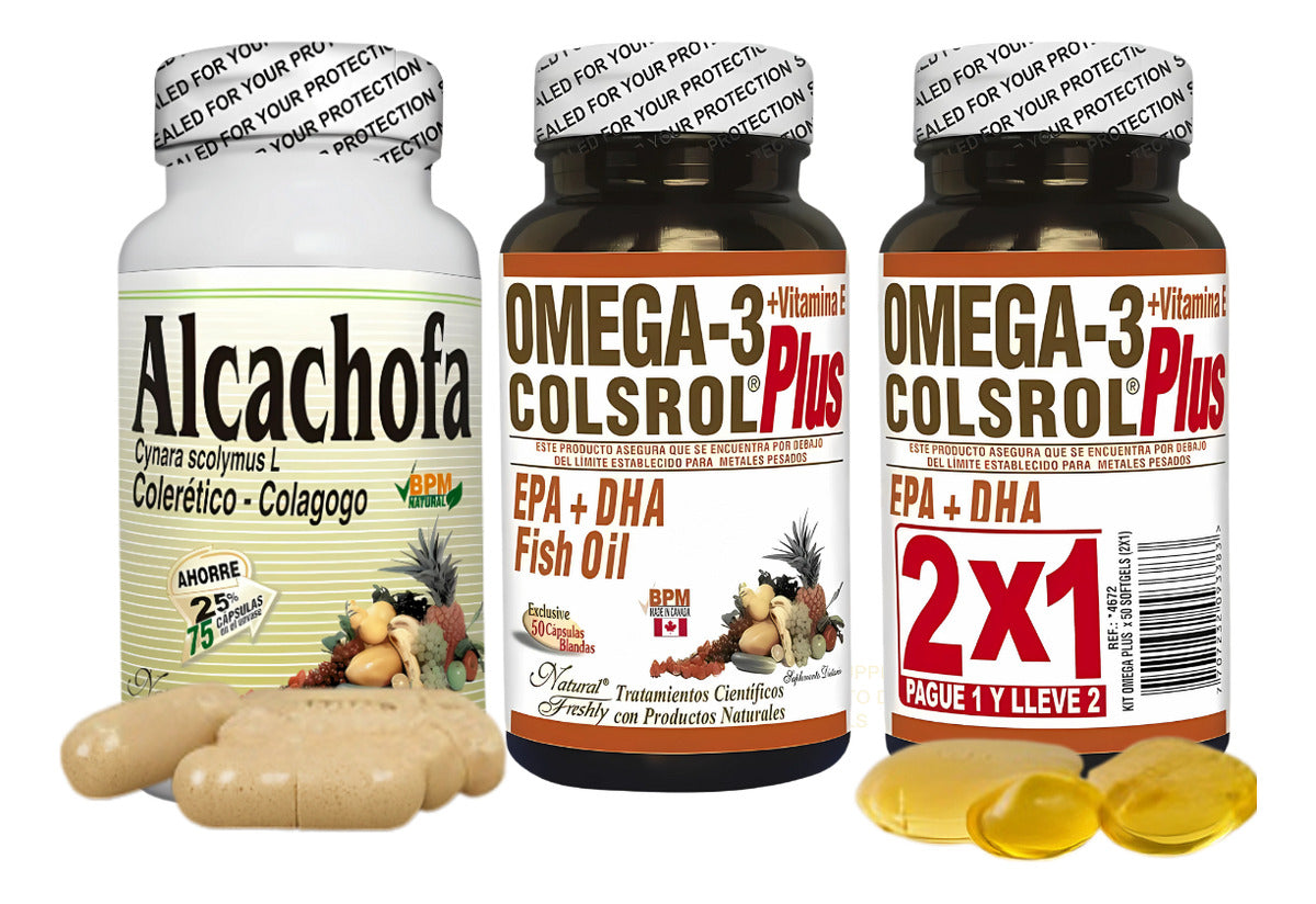 Kit Alcachofa Cynara Scolymus L 75 Cápsulas Natural Freshly + Omega 3 Colsrol Plus Con Vitamina E 50 Cápsulas 2x1 Natural Freshly