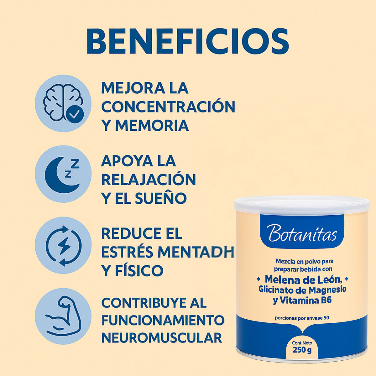 Suplemento Botanitas Melena de León 250g Glicinato Magnesio Vitamina B6 Natural Sin Gluten