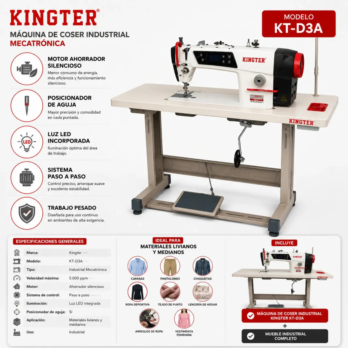 Maquina De Coser Industrial Plana Mecatrónica Kingter Kt D3a