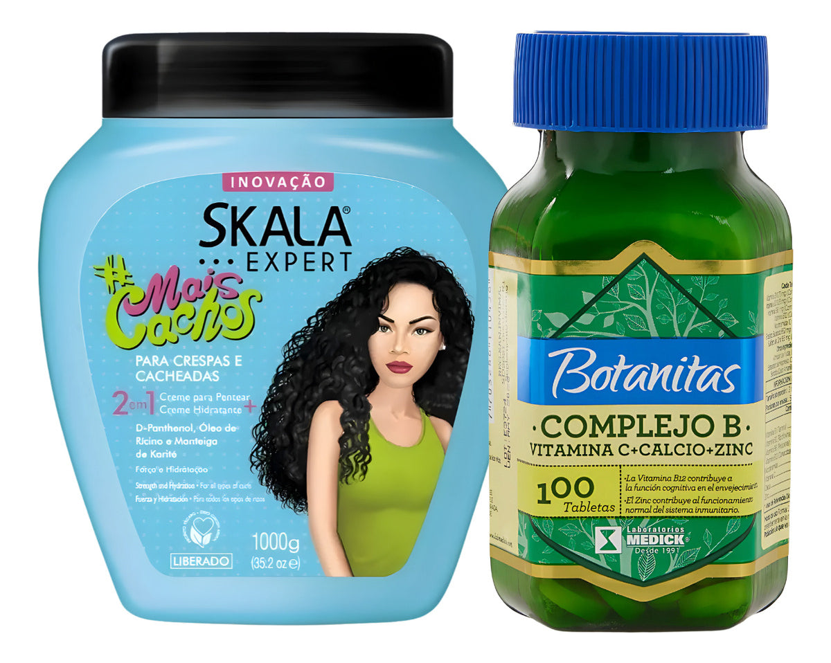 Vitaminas Complejo B Botanitas + Crema 2 En 1 Skala Mais Cachos 1000g Hidratación Profunda Para Cabello Rizado Y Crespo