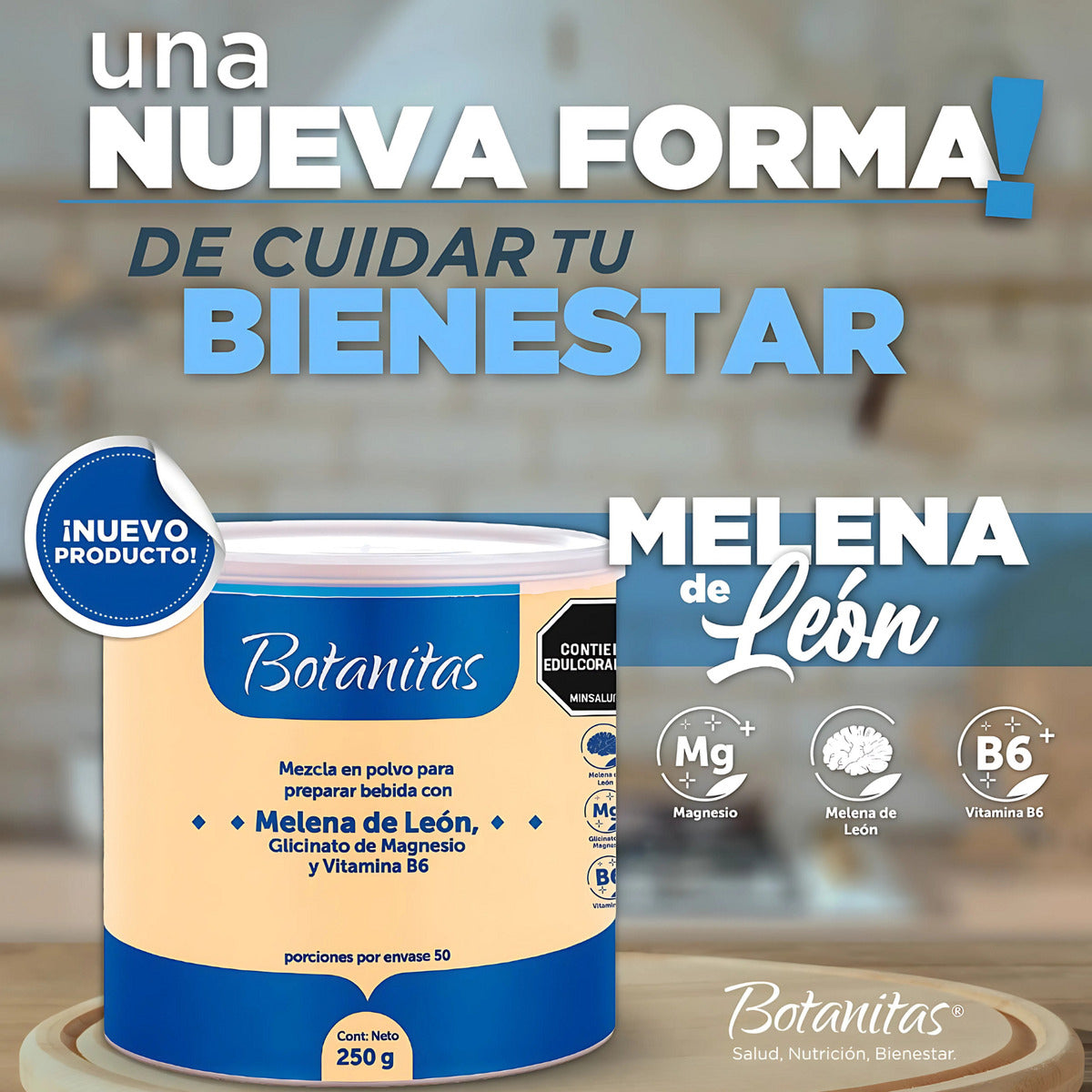 Suplemento Botanitas Melena de León 250g Glicinato Magnesio Vitamina B6 Natural Sin Gluten