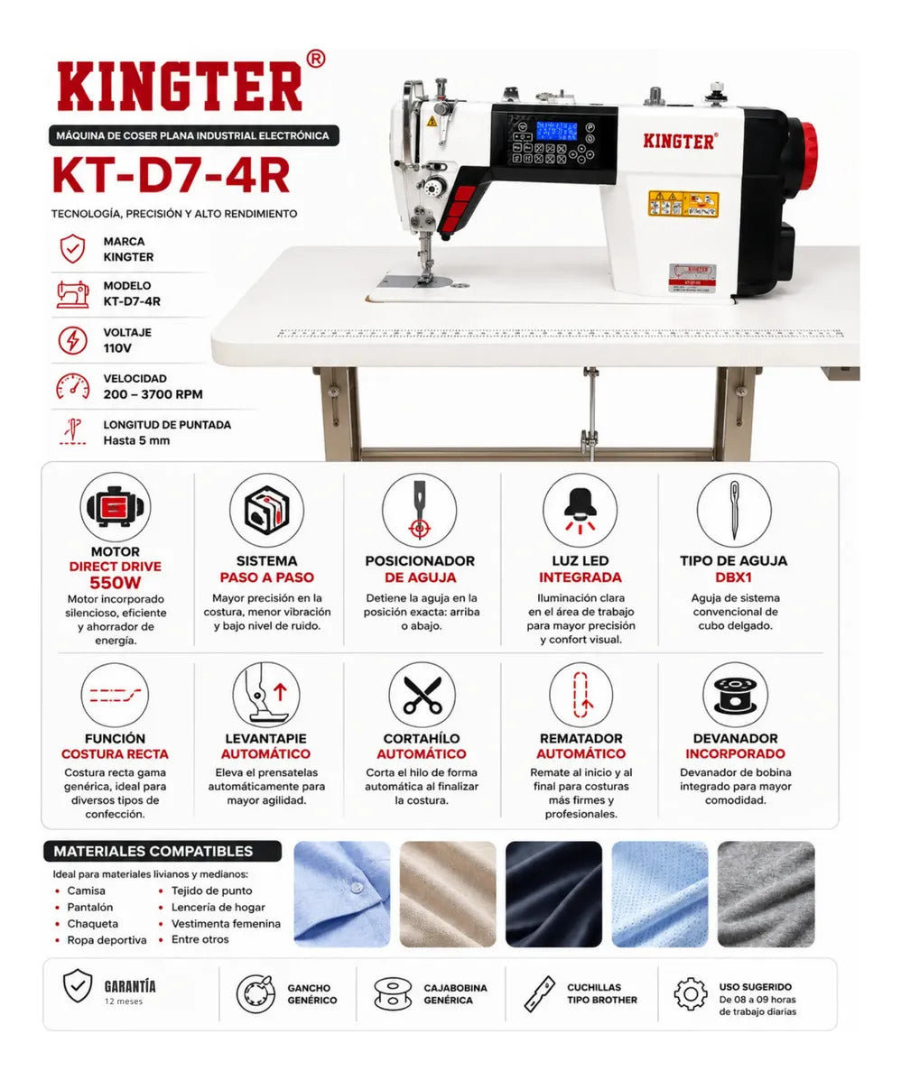 Máquina De Coser Plana Electrónica Kingter Kt-d7-4r