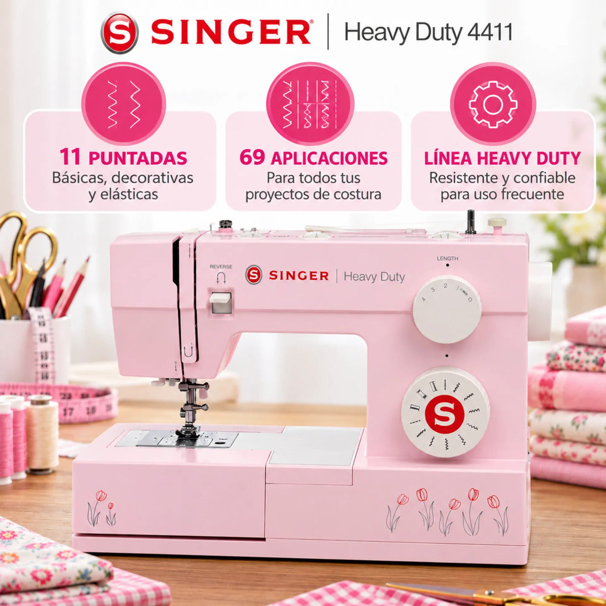 Máquina De Coser Singer Heavy Duty 4411 Rosada Familiar