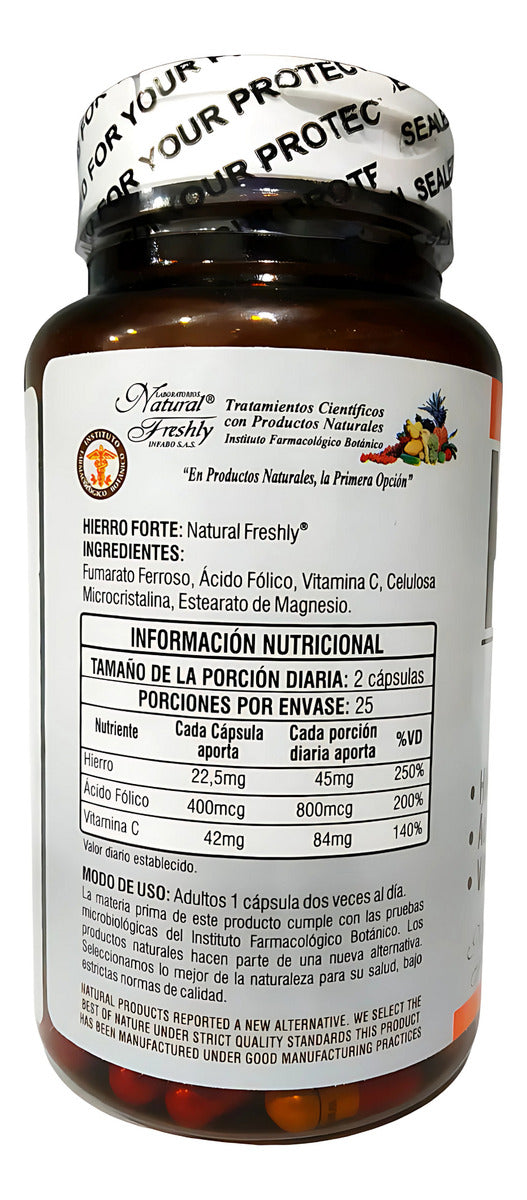Hierro Forte + Ácido Fólico + Vitamina C 50 Cápsulas Natural Freshly  Antianémico  Energía  Inmunidad  Salud Celular