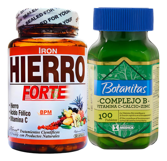 Kit Hierro Forte + Ácido Fólico + Vitamina C 50 Cápsulas + Complejo Vitamina C Calcio Zinc 100 Tabletas Natural Freshly Y Botanitas