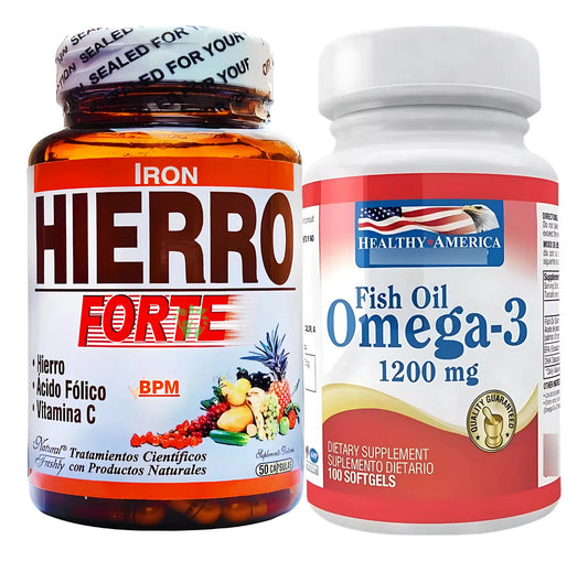 Kit Hierro Forte Ácido Fólico Vitamina C 50 Cápsulas Natural Freshly + Omega 3 Fish Oil 1200mg 100 Cápsulas Healthy America Original