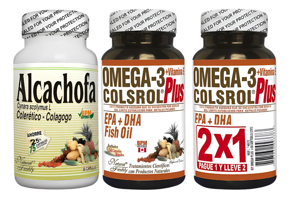 Kit Alcachofa Cynara Scolymus L 75 Cápsulas Natural Freshly + Omega 3 Colsrol Plus Con Vitamina E 50 Cápsulas 2x1 Natural Freshly
