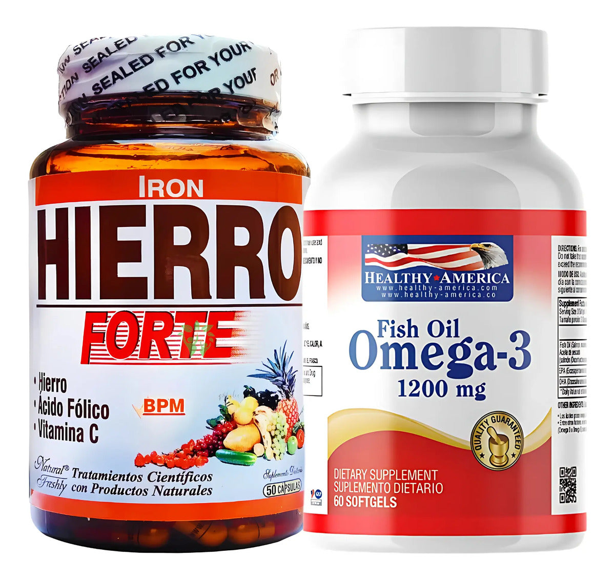 Kit Hierro Forte Ácido Fólico Vitamina C 50 Cápsulas Natural Freshly + Omega 3 Fish Oil 1200mg 60 Cápsulas Healthy America