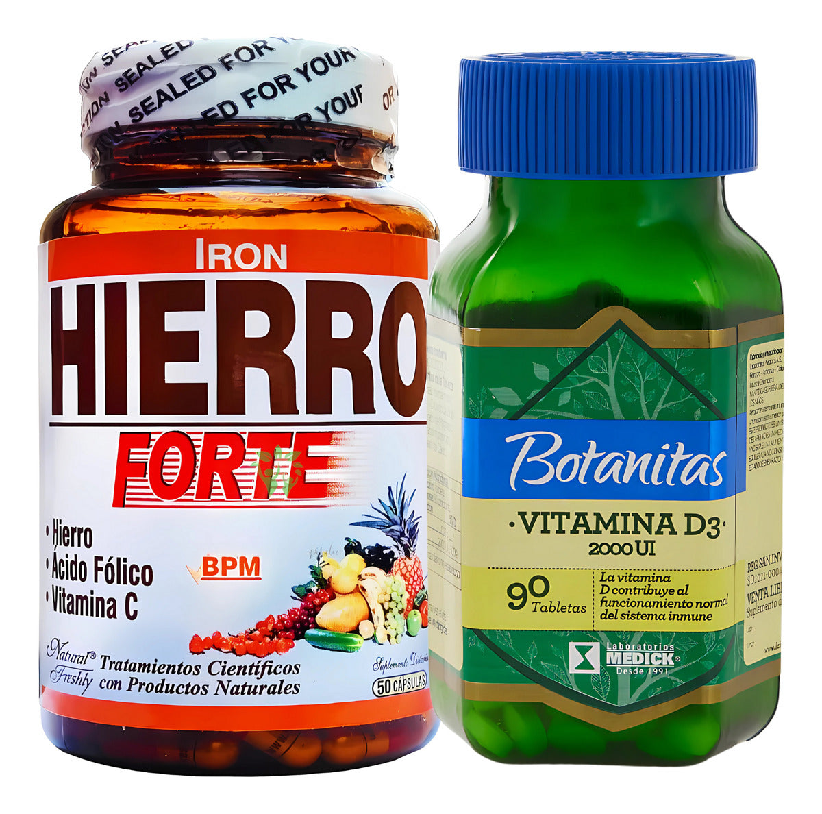 Kit Hierro Forte Ácido Fólico Vitamina C 50 Cápsulas Natural Freshly + Vitamina D3 2000 Ui 90 Tabletas Marca Botanitas