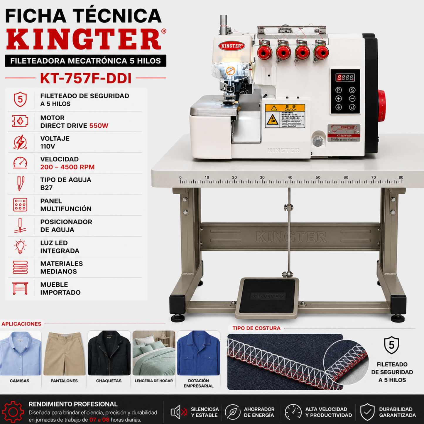 Fileteadora Mecatrónica Industrial Kingter Kt-757f-ddi 5 Hilos