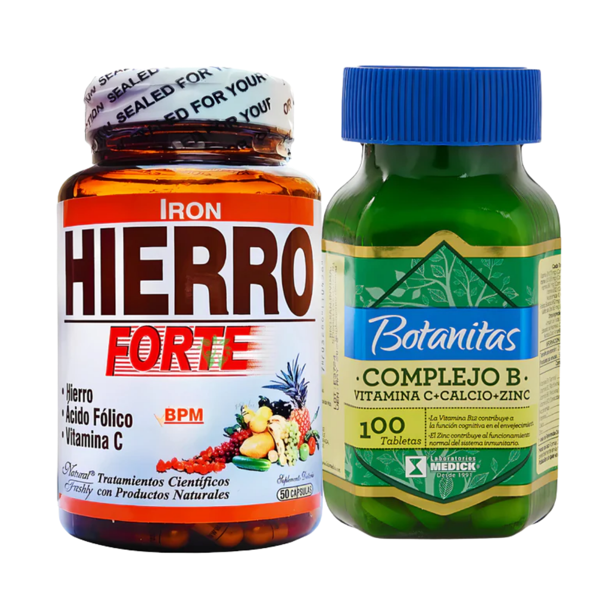 Kit Hierro Forte + Ácido Fólico + Vitamina C 50 Cápsulas + Complejo Vitamina C Calcio Zinc 100 Tabletas Natural Freshly Y Botanitas