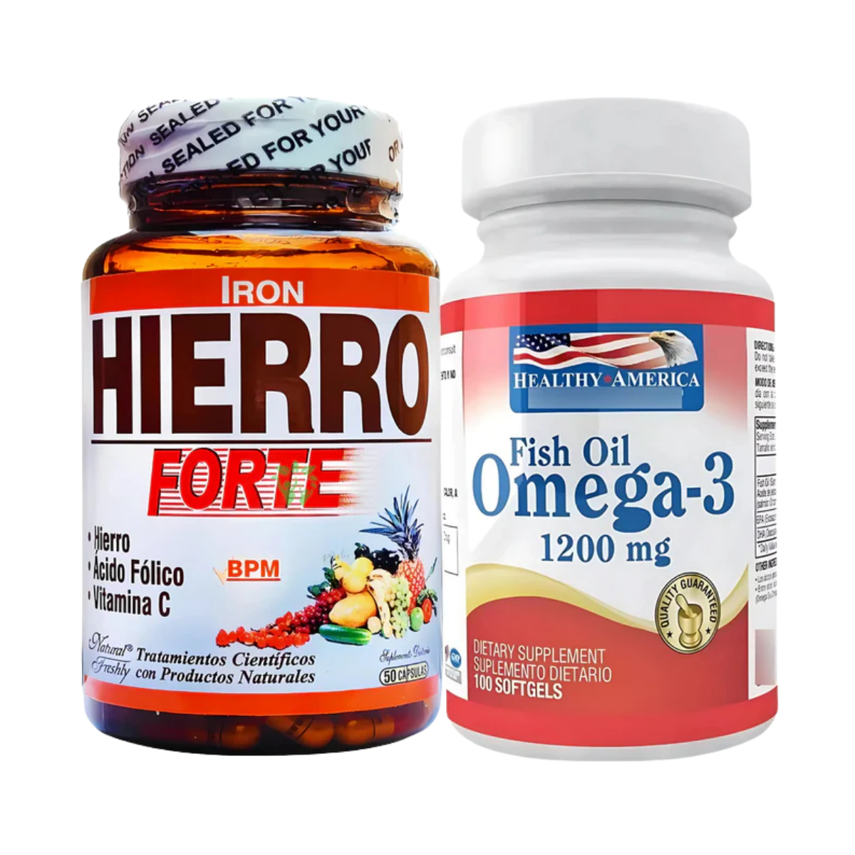 Kit Hierro Forte Ácido Fólico Vitamina C 50 Cápsulas Natural Freshly + Omega 3 Fish Oil 1200mg 100 Cápsulas Healthy America Original