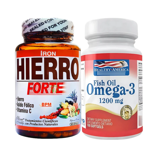 Kit Hierro Forte Ácido Fólico Vitamina C 50 Cápsulas Natural Freshly + Omega 3 Fish Oil 1200mg 100 Cápsulas Healthy America Original