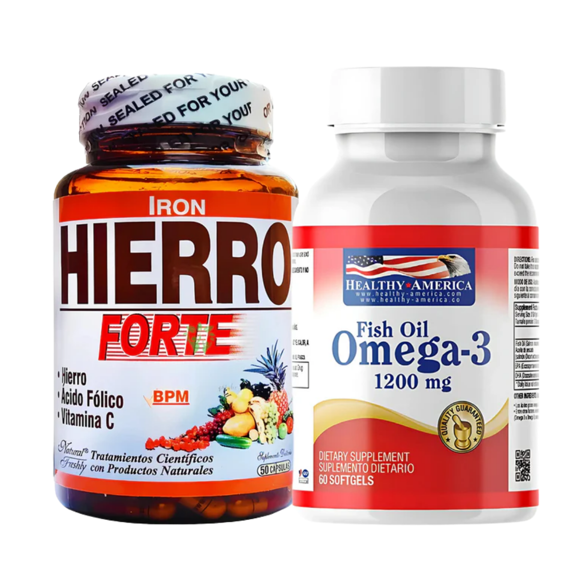 Kit Hierro Forte Ácido Fólico Vitamina C 50 Cápsulas Natural Freshly + Omega 3 Fish Oil 1200mg 60 Cápsulas Healthy America