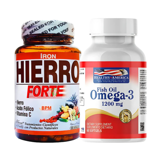 Kit Hierro Forte Ácido Fólico Vitamina C 50 Cápsulas Natural Freshly + Omega 3 Fish Oil 1200mg 60 Cápsulas Healthy America