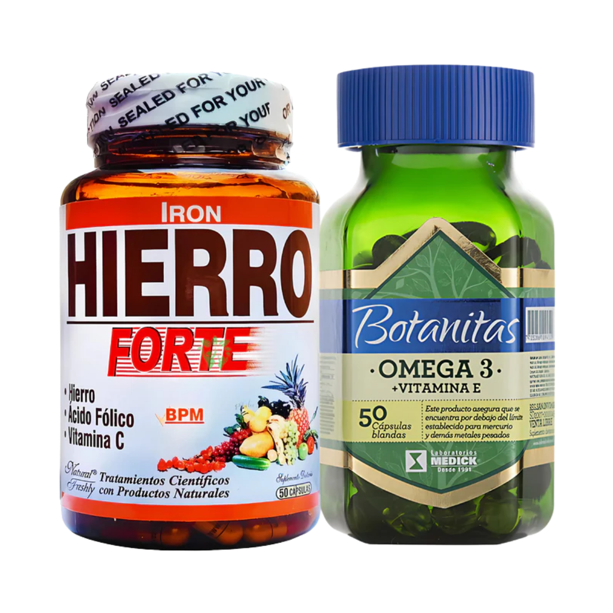 Kit Hierro Forte Ácido Fólico Vitamina C 50 Cápsulas Natural Freshly + Omega 3 Con Vitamina E 50 Cápsulas Marca Botanitas