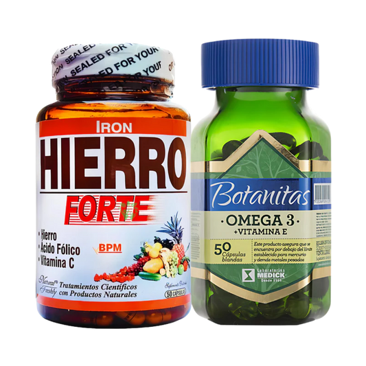 Kit Hierro Forte Ácido Fólico Vitamina C 50 Cápsulas Natural Freshly + Omega 3 Con Vitamina E 50 Cápsulas Marca Botanitas