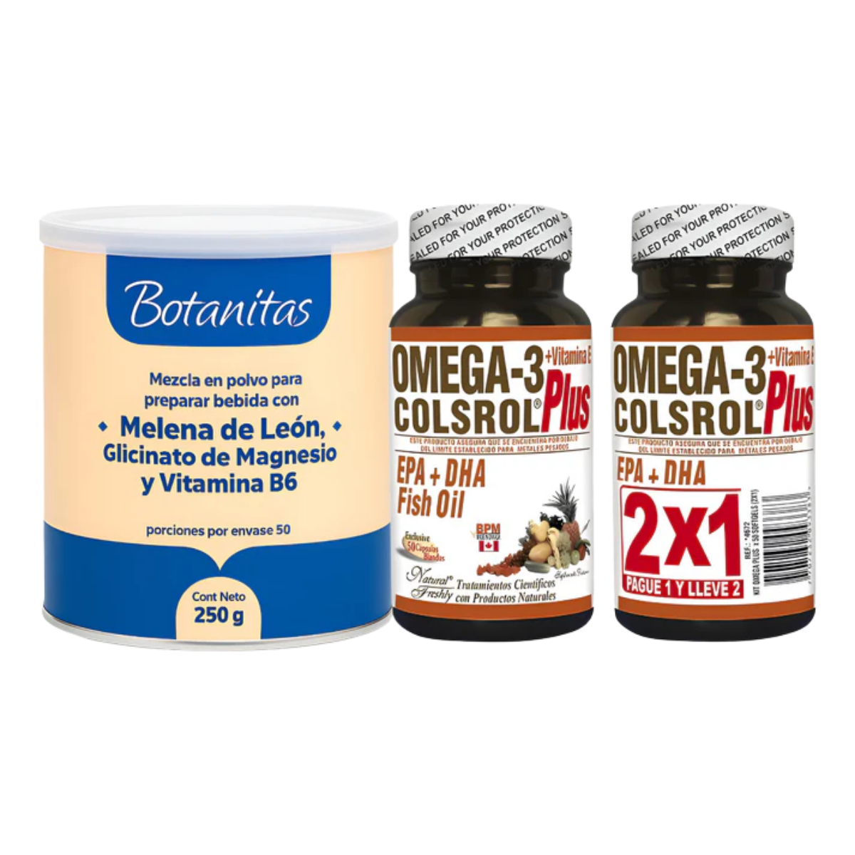 Kit Melena De León Con Glicinato De Magnesio Y B6 250g Botanitas + Omega 3 Colsrol Plus Vitamina E 2x1 Natural Freshly  Memoria, Corazón, Colesterol