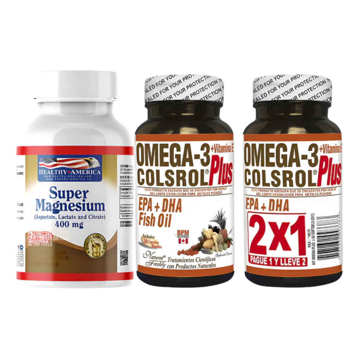 Kit Super Magnesium 400mg 30 Cápsulas Blandas Healthy America + Omega 3 Colsrol Plus 50 Cápsulas 2x1 Natural Freshly