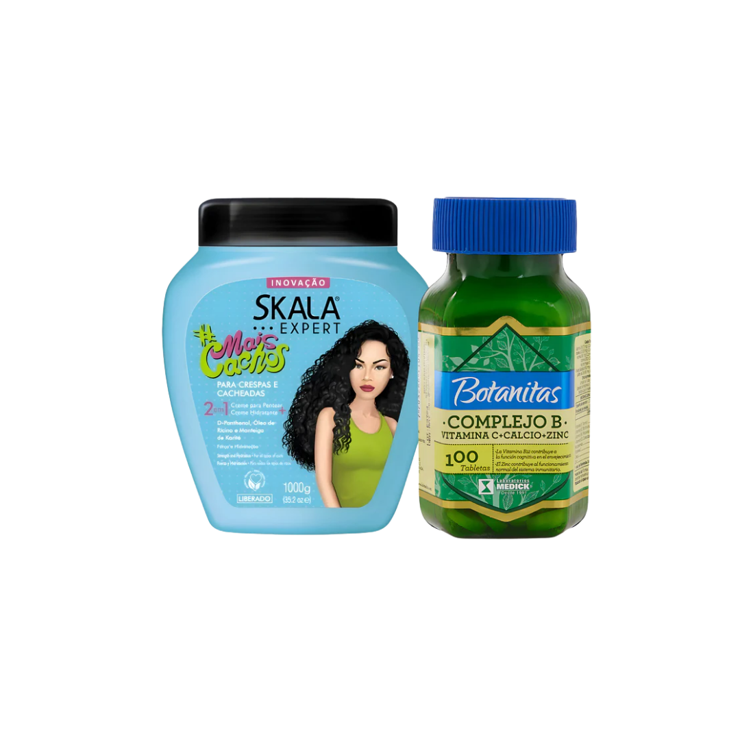 Vitaminas Complejo B Botanitas + Crema 2 En 1 Skala Mais Cachos 1000g Hidratación Profunda Para Cabello Rizado Y Crespo
