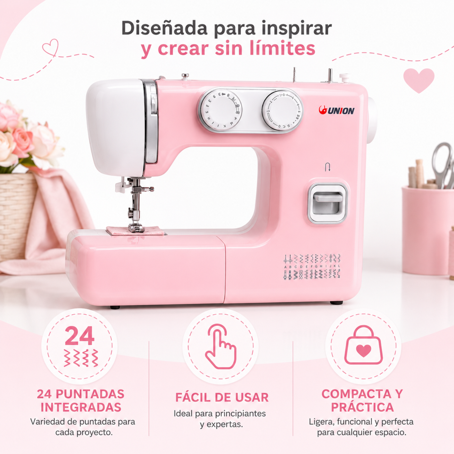 Máquina De Coser Familiar Union Un300 24 Puntadas Rosada
