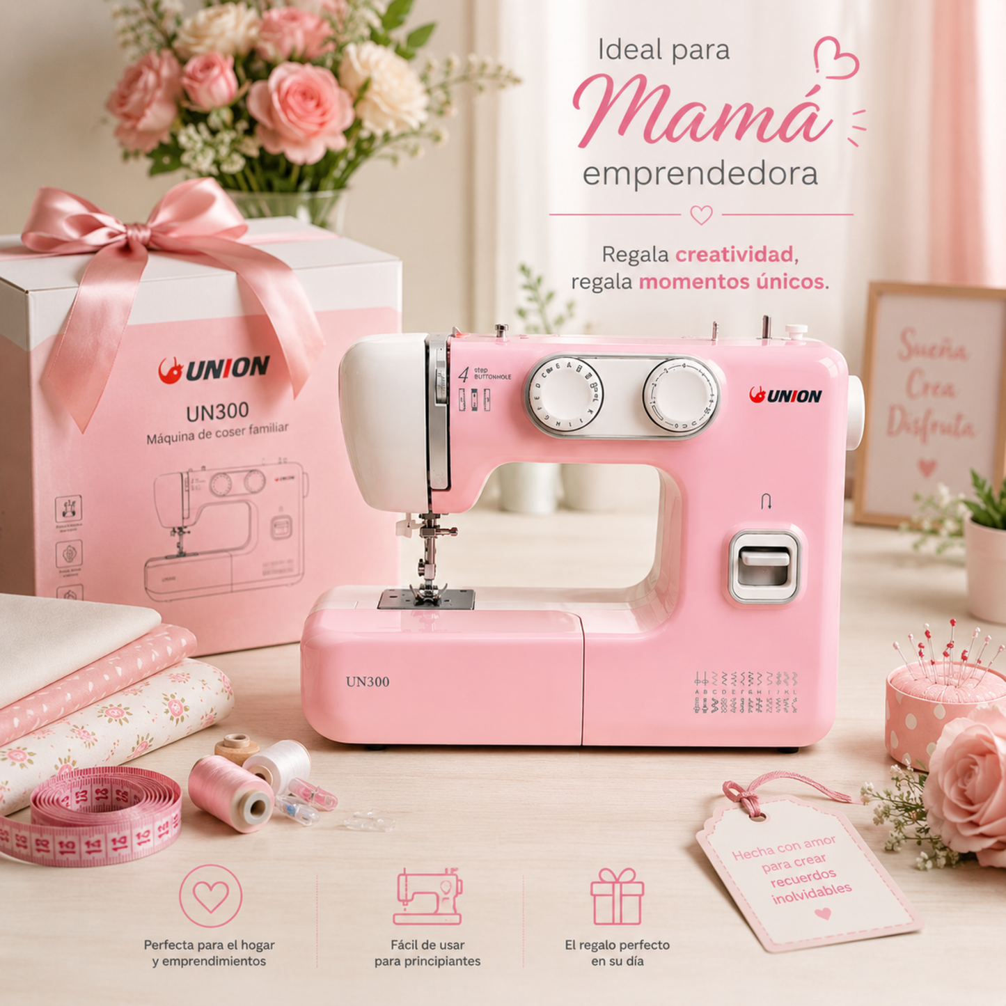 Máquina De Coser Familiar Union Un300 24 Puntadas Rosada